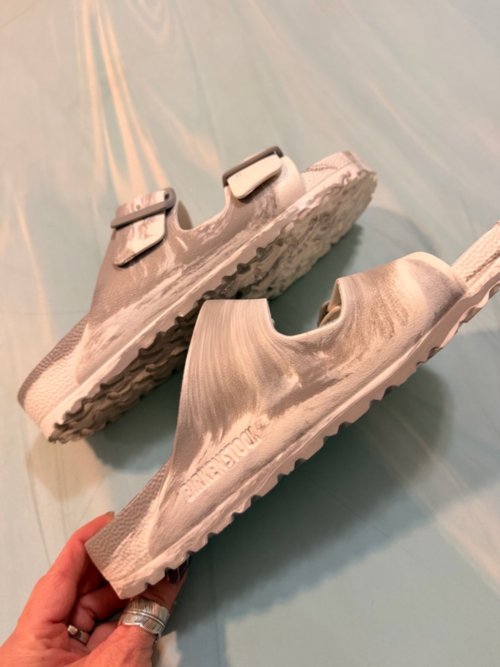 Birkenstock White Gray Two-Strap Slide Sandals with Buckles 🌻 size 38 - NWOT - Picture 4 of 6